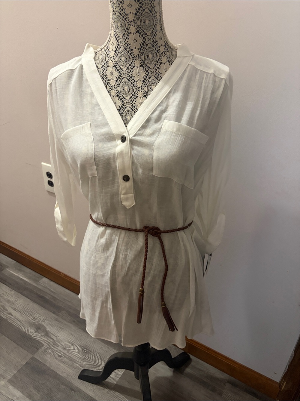 Iz Byer Cream Split-Neck Tunic with Braided Belt